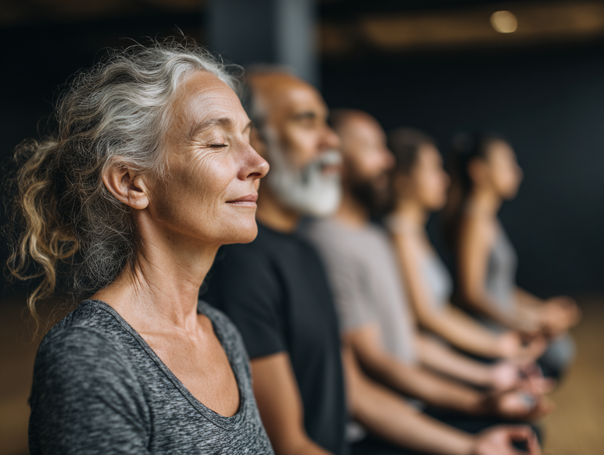 Старший чоловік медитує в лотосовій позі